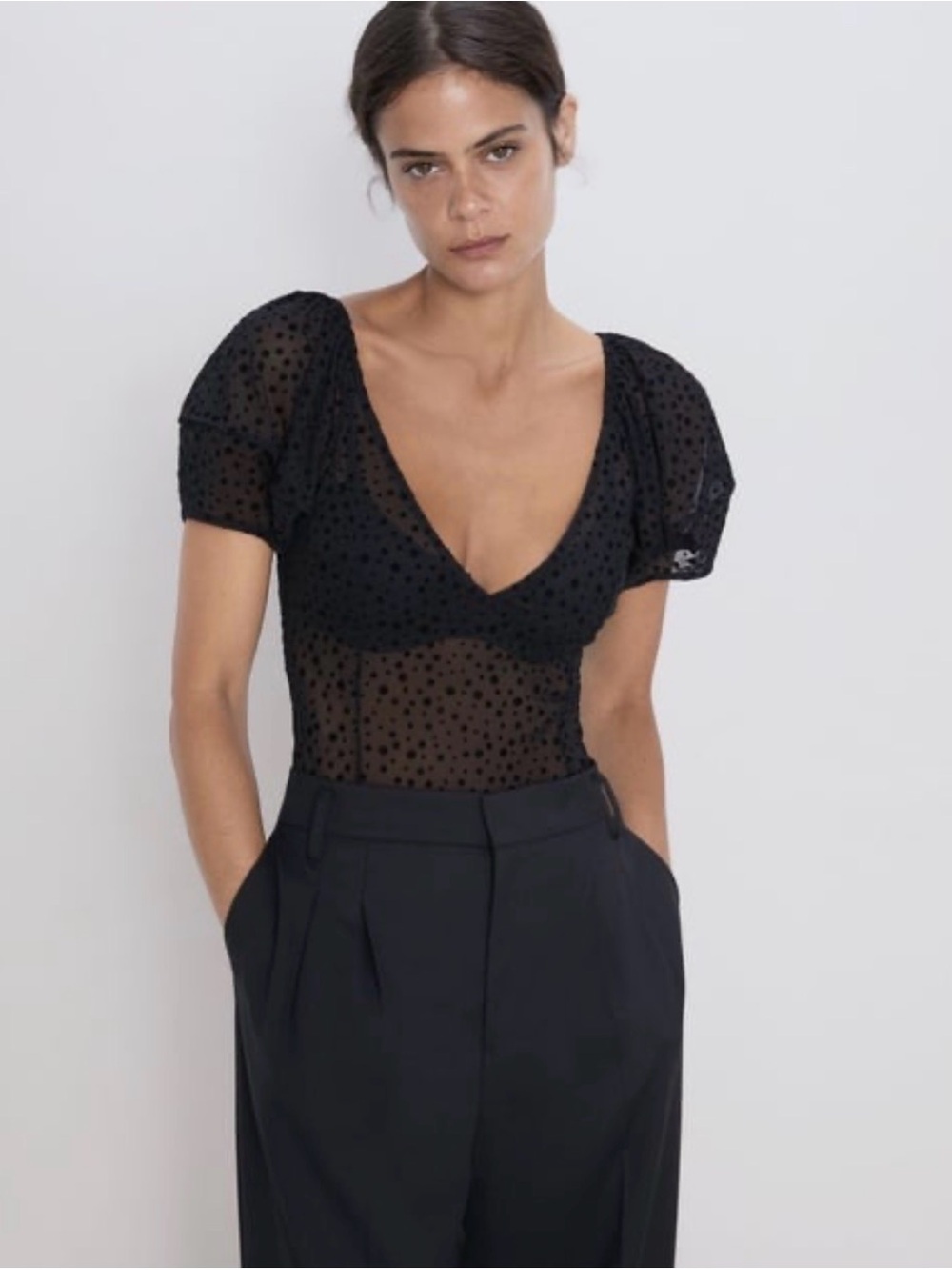 ZARA Sheer Polka Dot Bodysuit Black Puff Sleeve Mesh Top | Size S Romantic Chic